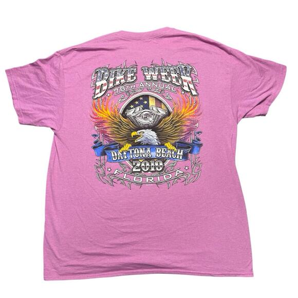 T-Shirt Daytona Beach Bike Week 2019 Biker Rally Double Sided Pink XL Gildan - Picture 1 of 4